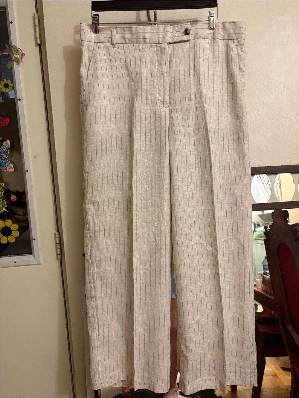 H&M Cream Pinstriped Straight-Leg Trousers. 100. Linen